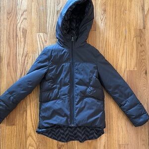 Ivivva sz 7 grey black Down reversible winter Hooded Jacket long great condition